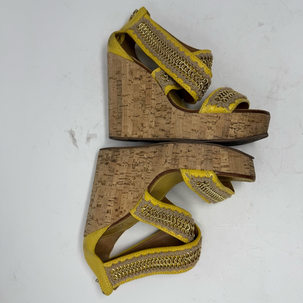 Tory Burch Lucian YellowLeather Gold Chain Strappy Cork Wedge Sandals Women’s 8M - Picture 7 of 12